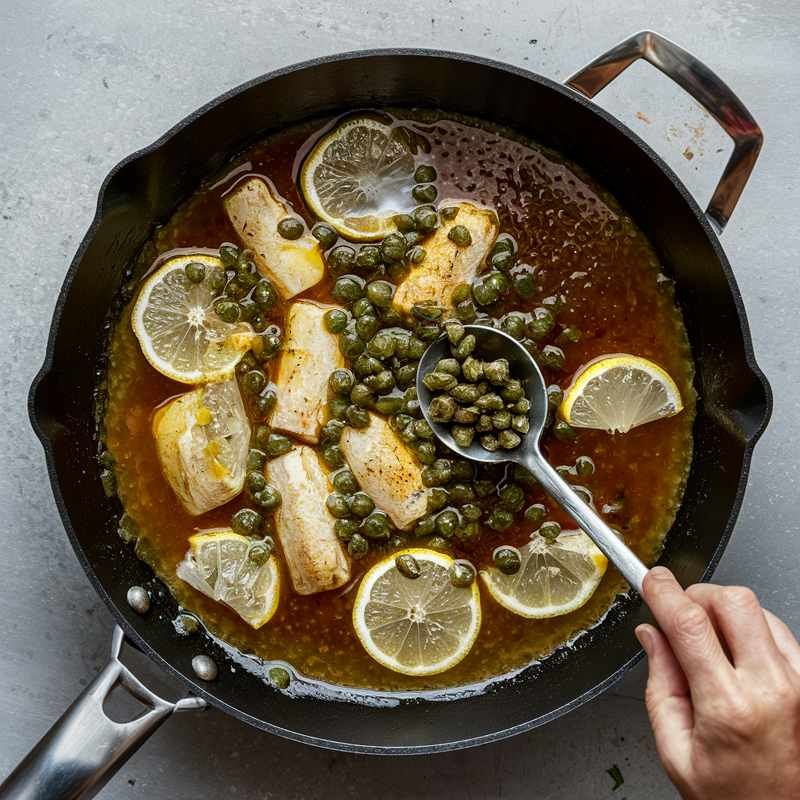 Chopped capers are being added to the pan with a spoon