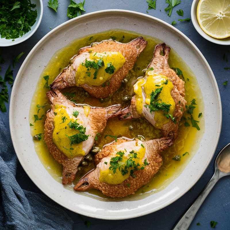 Finally coated in a glistening lemon-caper sauce. Freshly chopped parsley is sprinkled on top for garnish