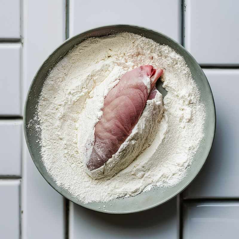 flour, with a single dove breast being dredged in the flour, coating it evenly