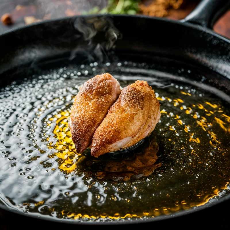 medium-high heat with olive oil shimmering, and a single golden brown dove breast being carefully placed in the pan
