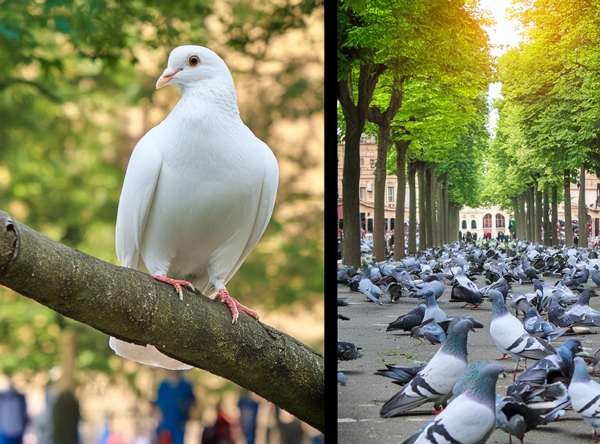 White dove perched on a tree branch in a lush forest and a group of rock pigeons foraging for crumbs in a bustling city square