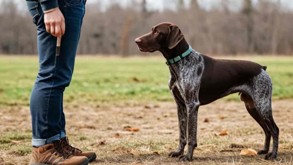 A dog trainer holding a clicker in their hand, rewarding a German Shorthaired Pointer dog that is sitting attentively