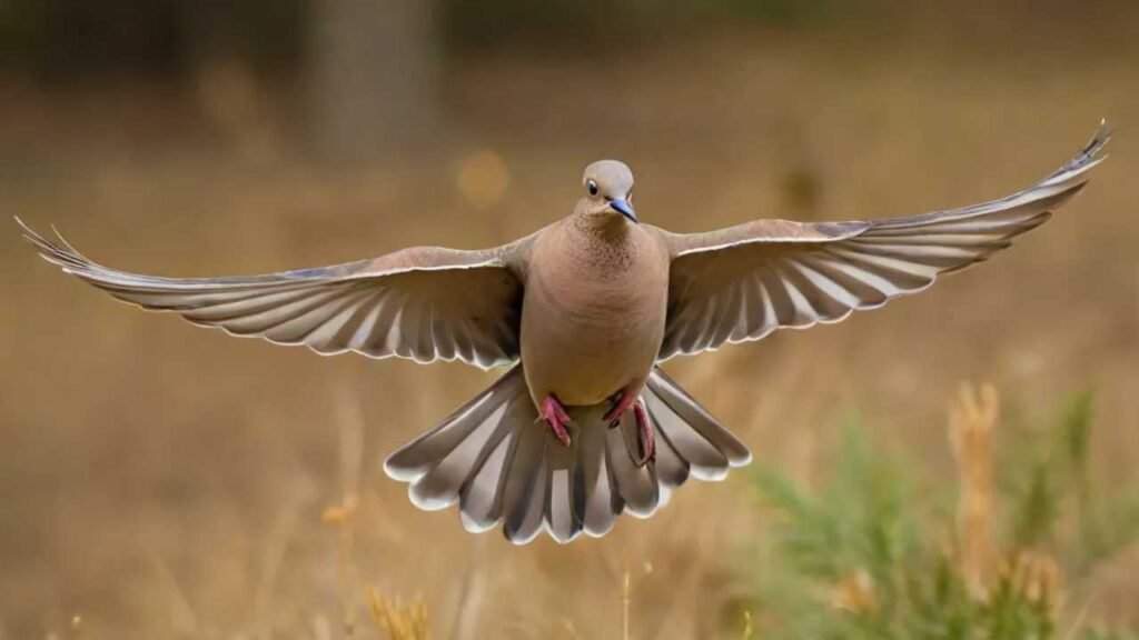 A dove in flight, showcasing its agile wings and habitat preferences