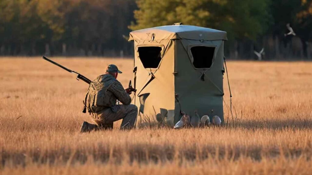 A hunter strategically positioned in a blind for dove hunting
