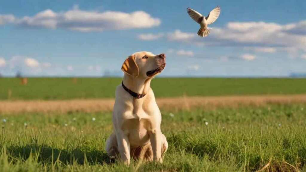 A pointing Labrador Retriever in a dove hunting field