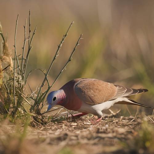 Common Ground Dove foraging on the ground in a field of tall grass