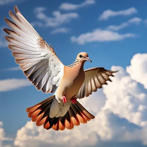 Common Ground Dove in flight, wings outstretched, revealing the full extent of the rusty-red wing patches