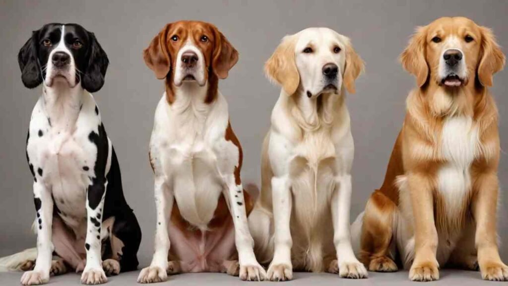 Hunting dog breeds- English Pointer (tall and slender), Springer Spaniel (medium-sized with floppy ears), and Golden Retriever (large and golden fur)
