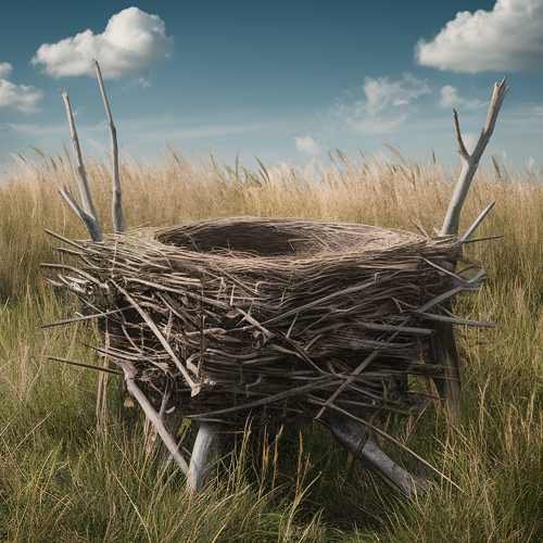 Nest made of twigs and grasses, nestled amongst tall grass in a field