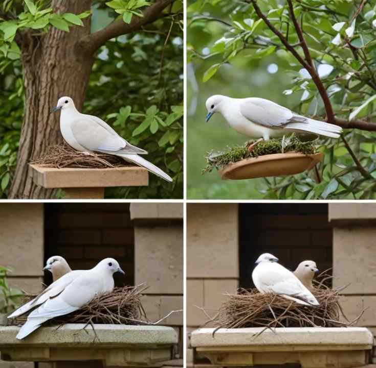Collage image of dove nesting site preferences - tree branch nest, ledge with nesting materials, dove near birdbath