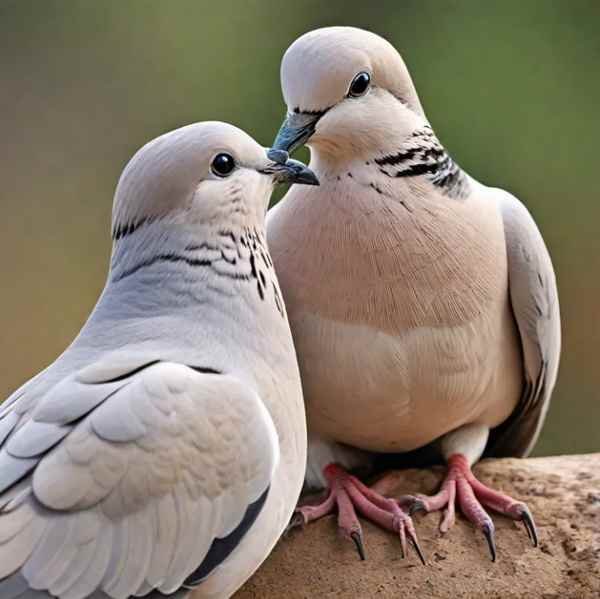Male dove performing a courtship display with a female dove watching