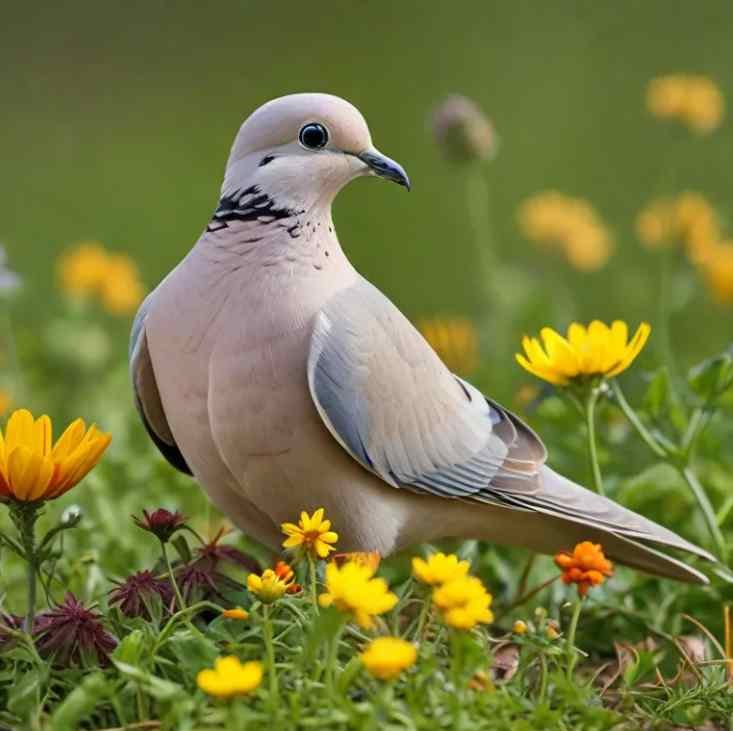 mourning dove forging around wild flowers
