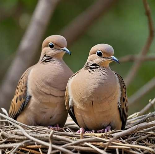 A pair of mourning doves with their nest and young