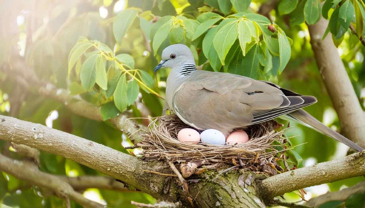 A dove nesting with their eggs in tree nest, surrounded by green branches