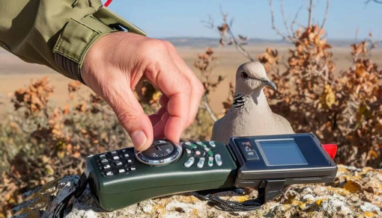 Hunter strategically placing dove call near field edge at sunrise to attract doves