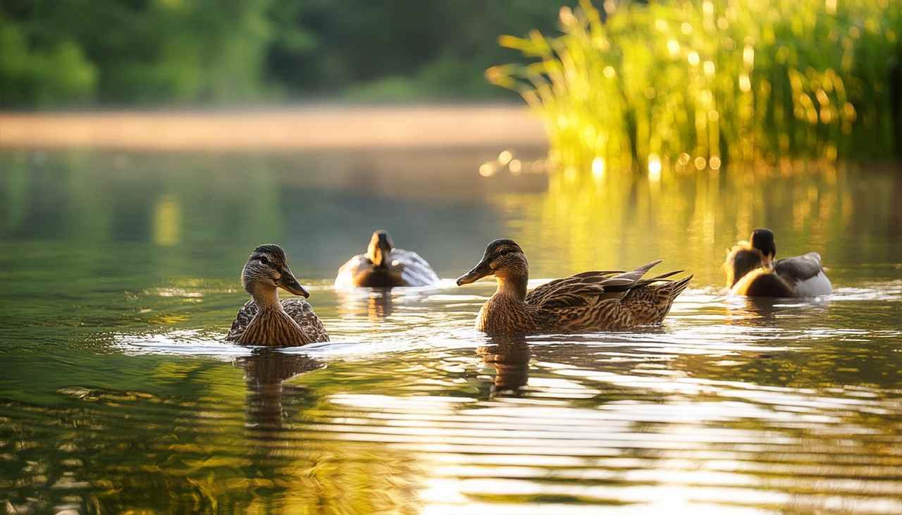 Ducks swim in the water on a fall season in Florida