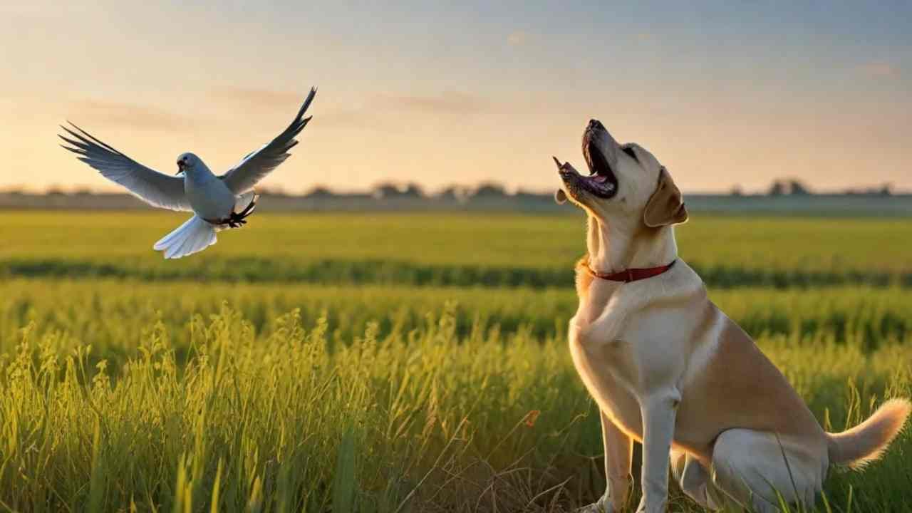 A Labrador Retriever standing alert in a field, focused on a dove in the distance