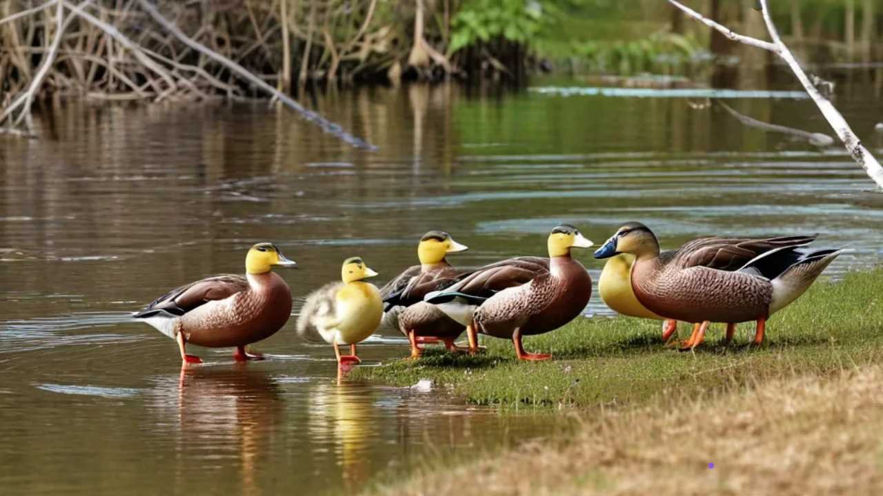 Ducks group on the bank of New Jersey lake during hunting season
