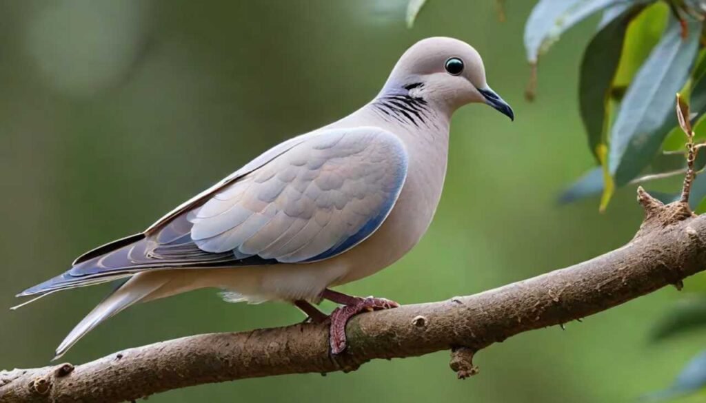 A beautiful dove perched on a branch in its natural habitat, with detailed feathers and a serene forest background