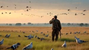 A dove hunter prepares to take aim at a flock of doves flying over a scenic field at sunset