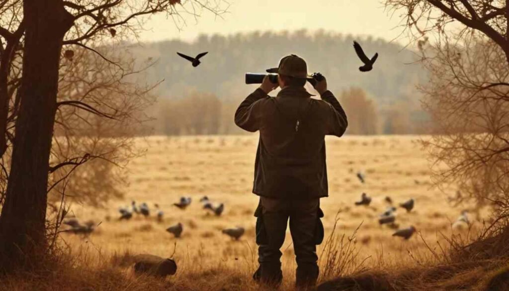 A hunter in camouflage gear, holding a binocular, standing in a natural outdoor setting