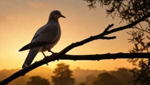 A mourning dove perched on a tree branch at dusk, silhouetted against a colorful sunset