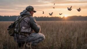 Dove hunter positioned in a field at dawn, ready for the hunt. Doves fly towards a tree line in the background