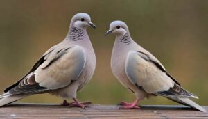 Male and female mourning doves perched on a branch, showcasing their distinct plumage