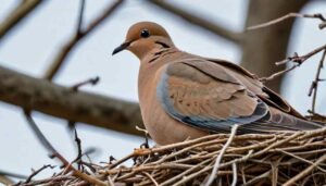 Mourning Dove perched on a nest made of twigs and leaves on a sturdy tree branch