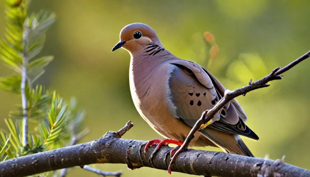 Mourning dove perched on a branch, showcasing its long pointed tail feathers and brown plumag