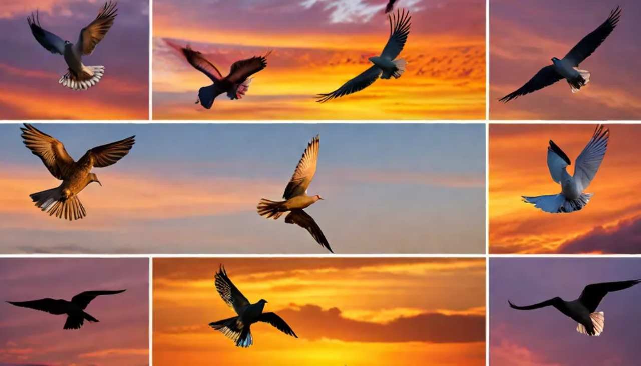diverse dove species including Mourning Doves, White-winged Doves, and Inca Doves soaring through the sky at sunset