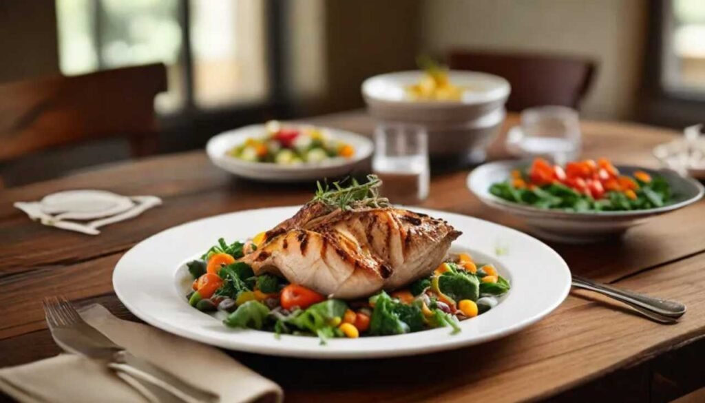 dove dish garnished with fresh herbs and accompanied by colorful side dishes, set on a rustic wooden table with warm, natural lighting