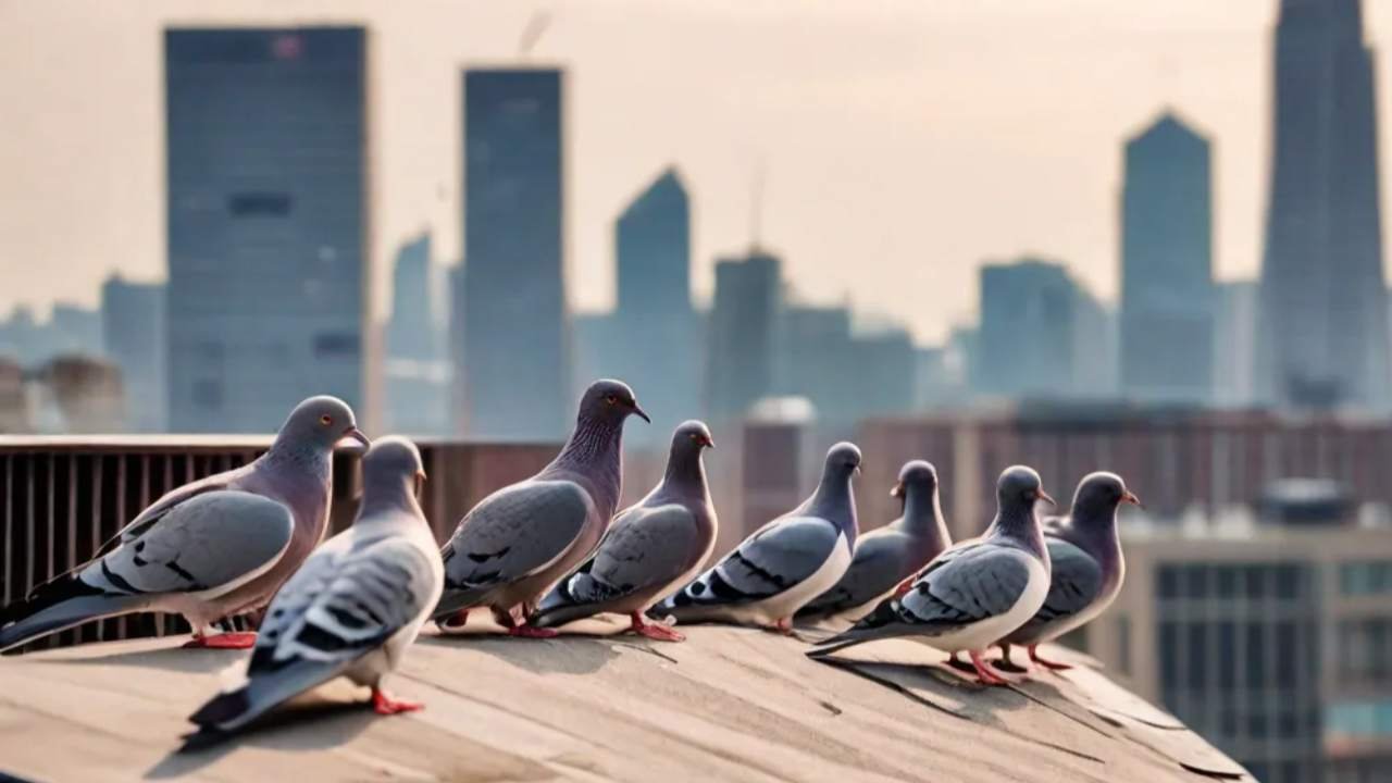 A flock of rock doves perched on a building in a bustling city