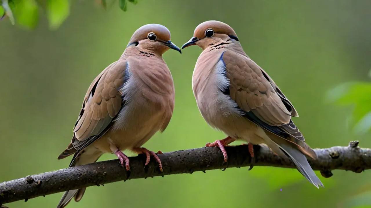 A pair of mourning doves perched on a branch, cooing to each other showing their monogamous nature