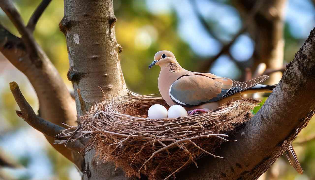 Close-up of a mourning dove nest in a tree with two white eggs, representing the nesting period of mourning doves