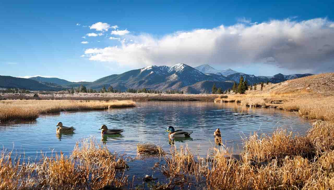 Ducks swimming in a lake in Colorado during hunting season
