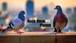 Rock dove and domestic pigeon perched on a ledge, with visible difference